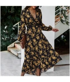 Sexy V-Neck Retro Floral Swing Dress Long Sleeve Loose Midi Wholesale Dresses SDN560596