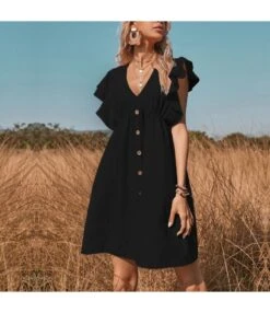 Plain Color Ruffle Sleeve V Neck High Waist Wholesale Swing Dresses SD204556