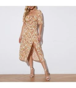 Casual Square Neck Floral Midi Dress Short Sleeve Slit Resort Wholesale Dresses SDN560141