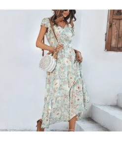 Floral Print Frill Sleeve V Neck Nipped Waist Mid-Length Ruffled Flowy Dress Casual Wholesale Dresses SDN533131