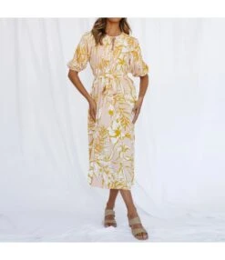 Women Fashion Floral Print Puff Sleeve Tie Waist Wholesale Swing Dresses SD184084