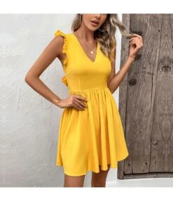 Backless Wooden Ears Sleeveless V-Neck Solid Color Dress Wholesale Dresses N4623041000136