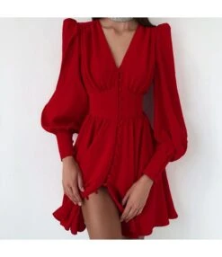 Lantern Sleeves V Neck Solid Color Wholesale Vintage Dresses SD202099