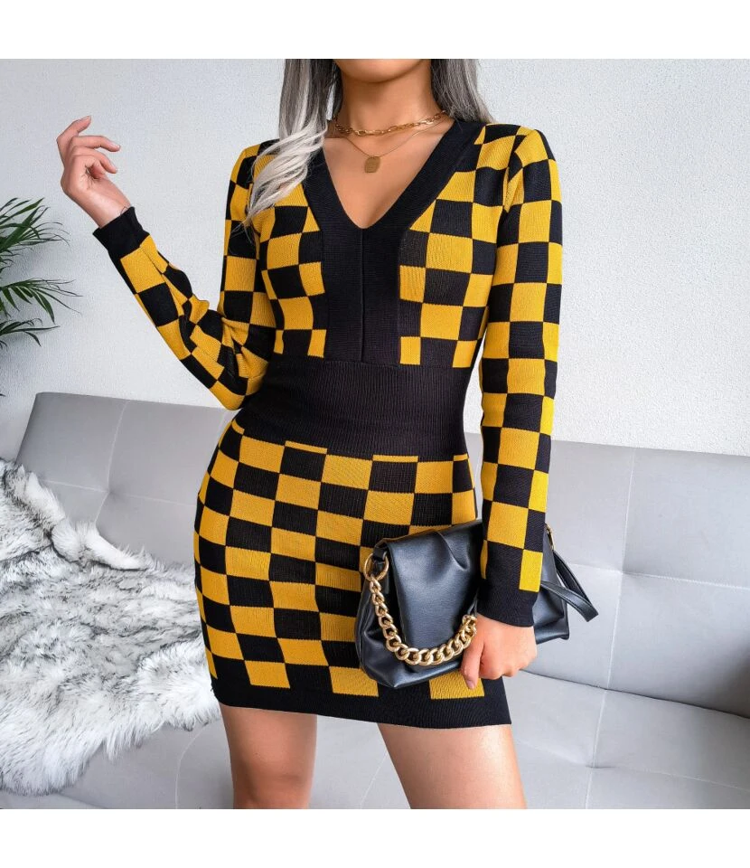 Sexy Knitted Dress Women V-Neck Plaid Printing SD162181 - Image 4