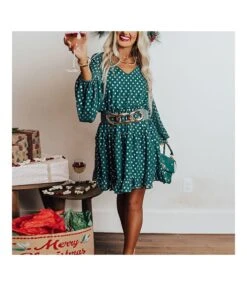Polka Dot Print V Neck Lantern Sleeve Wholesale Midi Dresses For Women SD204195