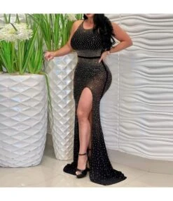 Women Fashion Sleeveless Spaghetti Strap Rhinestone Backless High Split Wholesale Prom Dresses SD55516