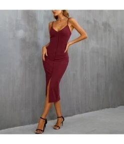 Sexy Split V-Neck Button Slim Fit Mid-Length Sling Dress Wholesale Dresses SDN537998
