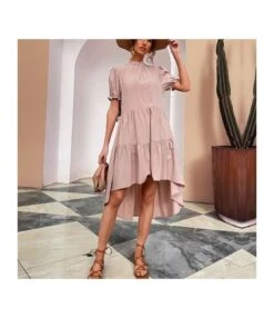 Solid Color Puff Sleeve High Neck Irregular Wholesale Pleated Dresses SD203687