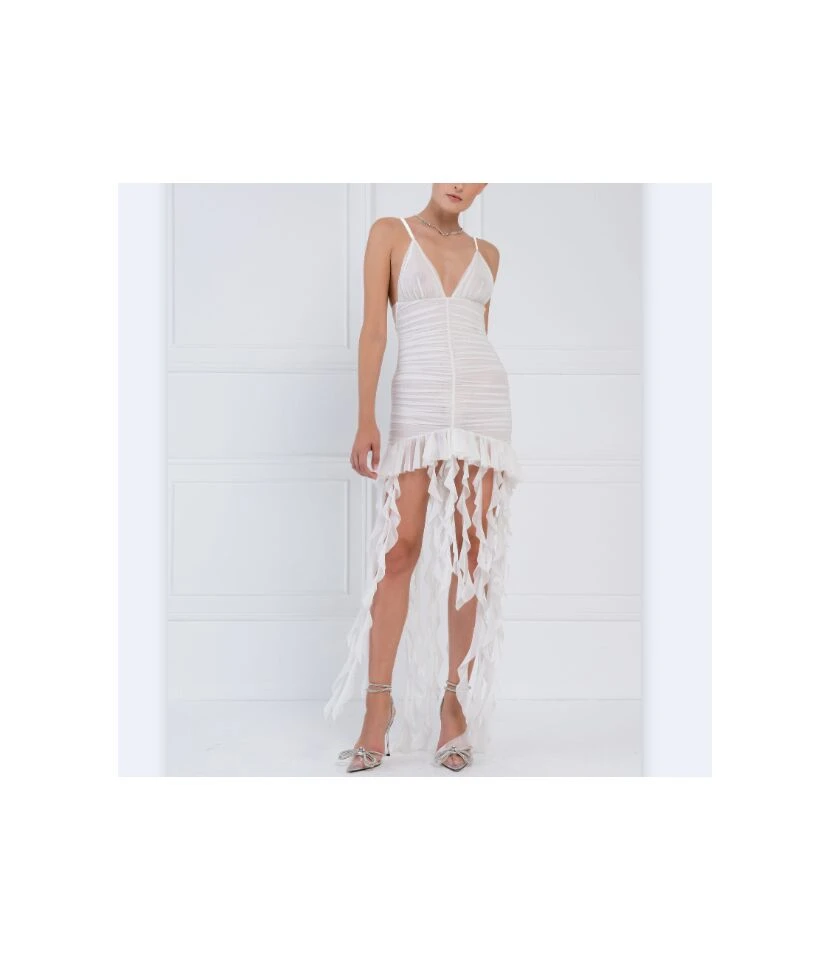 Ribbon Shirring Deep V Open Back Strap Solid Color Dress Wholesale Dresses N462023030600177