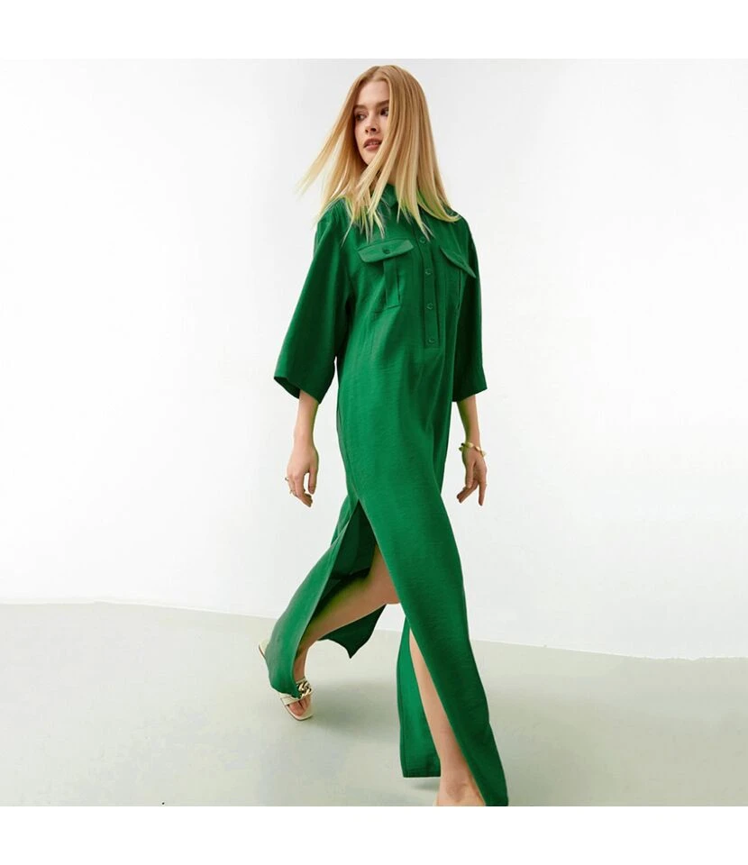 Casual Polo Neck Single-Breasted Tie-Up Solid Color Slit Maxi Shirt Dress Wholesale Dresses SDN562845 - Image 5