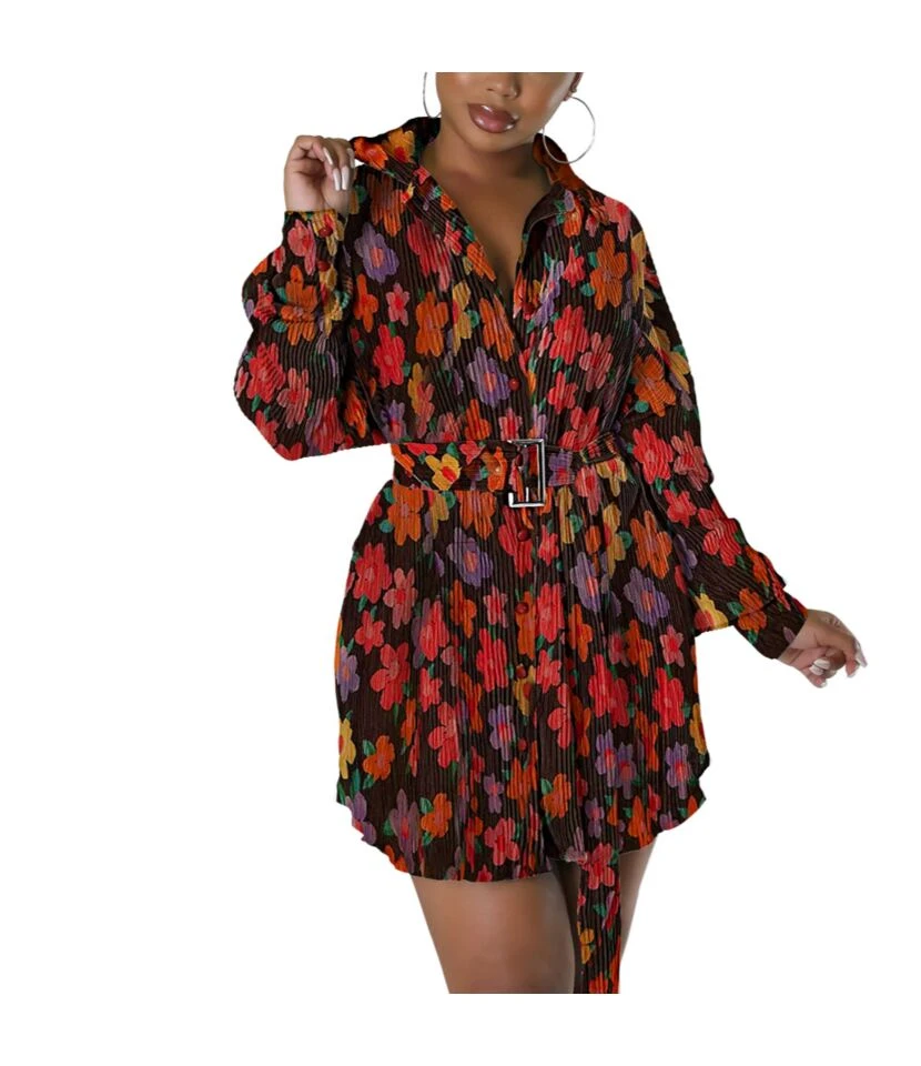 Fashion Lapel Pleated Print Shirt Dress With Belt Single-Breasted A-Line Wholesale Dresses SDN562509