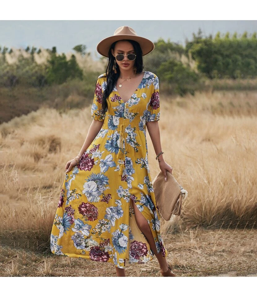 Sexy Deep V Floral Swing Dress Short Sleeve Slim Drawstring High Slit Vacation Wholesale Dresses SDN560326 - Image 5