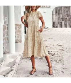 Flare Short Sleeve Casual Vacation Floral Midi-Length Smocked Dress Wholesale Dresses N5323021300009