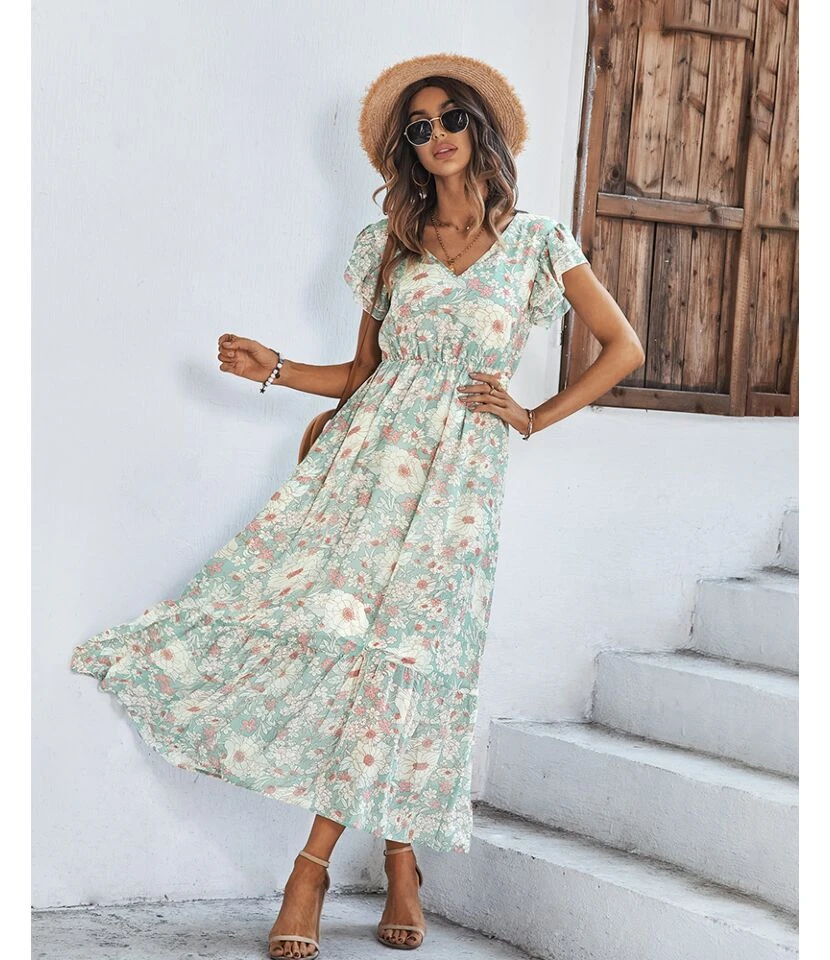 Floral Print Frill Sleeve V Neck Nipped Waist Mid-Length Ruffled Flowy Dress Casual Wholesale Dresses SDN533131 - Image 3