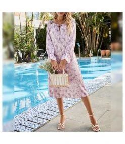 Casual Floral A-Line Midi Dress Puff Sleeves Lace-Up Resort Wholesale Dresses SDN580900