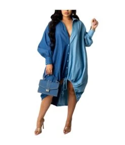Colorblock Loose Iong Sleeve Rregular Denim Shirtdress Wholesale Shirt Dresses SDN535416