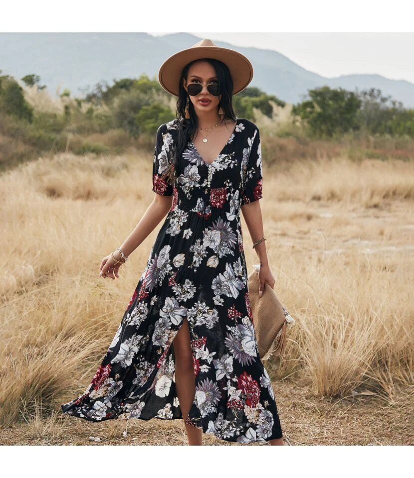 Sexy Deep V Floral Swing Dress Short Sleeve Slim Drawstring High Slit Vacation Wholesale Dresses SDN560326 - Image 9