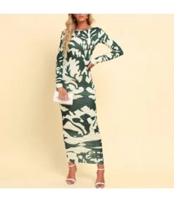 Casual Contrast Print Maxi Dress Crew Neck Sexy Backless Slim Long Sleeve Wholesale Dresses SDN560149