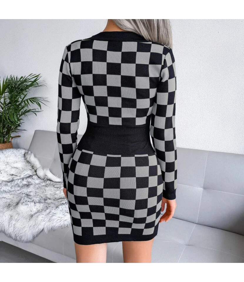 Sexy Knitted Dress Women V-Neck Plaid Printing SD162181 - Image 7