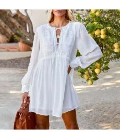 Women Puff Sleeve Lace Up V Neck Lace Embroider Wholesale White Dresses SDN580737