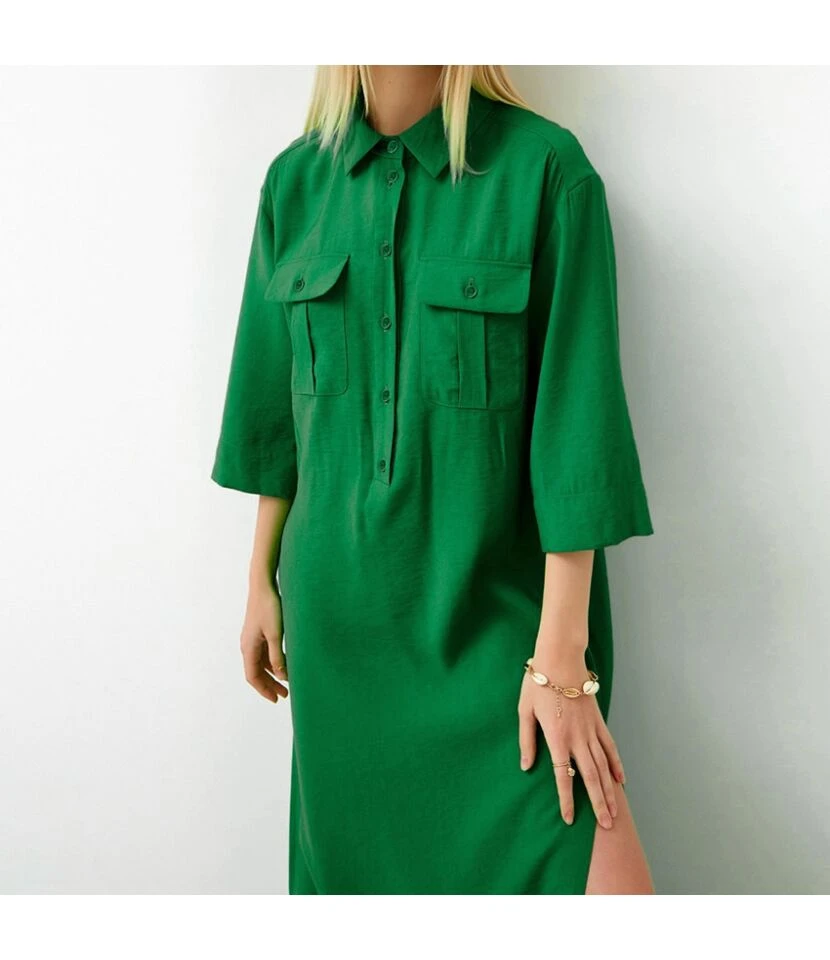 Casual Polo Neck Single-Breasted Tie-Up Solid Color Slit Maxi Shirt Dress Wholesale Dresses SDN562845 - Image 3