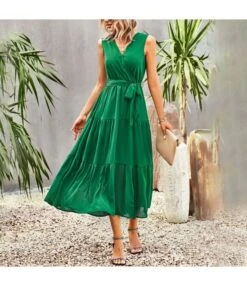 Solid Color Tie-Up Waist Sleeveless Tank Swing Smocked Dress Wholesale Dresses SDN539507