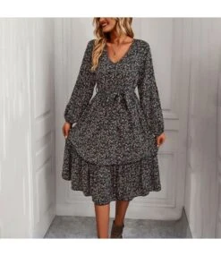 Printed V Neck Long Sleeve Tie-Up Waist Casual Swing Dress Wholesale Dresses SDN537200