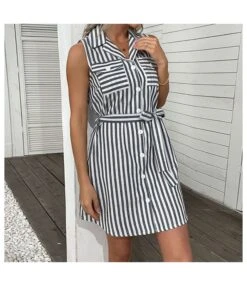 Women Striped Print Sleeveless Lapel Collar V Neck Button Wholesale Shirt Dresses SD580145