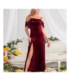 Women Fashion Cold Shoulder Velvet High Slit Wholesale Prom Dresses SD204327