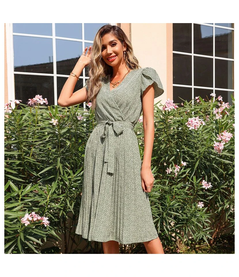 Women Fashion Short Sleeve Printing V Neck Tie Waist Pleated Wholesale Swing Dresses SD203685 - Image 3