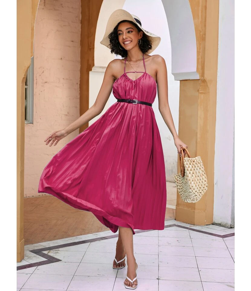 Solid Color Halterneck Cutout Mid-Length Open Back Swing Pleated Dress With Belt Sexy Wholesale Dresses SDN533124 - Image 5