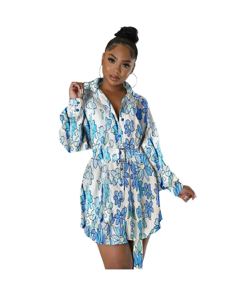 Fashion Lapel Pleated Print Shirt Dress With Belt Single-Breasted A-Line Wholesale Dresses SDN562509 - Image 6