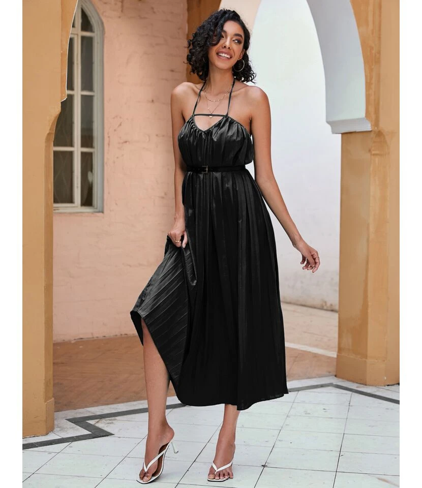 Solid Color Halterneck Cutout Mid-Length Open Back Swing Pleated Dress With Belt Sexy Wholesale Dresses SDN533124 - Image 9