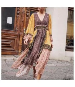 Fashion Printed Holiday Chiffon Deep V Lantern Sleeve Retro Waist Irregular Big Swing Dress Wholesale Bohemian Dress For Women SD531277