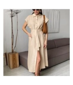 Elegant Solid Color Short Sleeve Single-Breasted Lapel Long Shirt Dress With Waistband Wholesale Dresses N5323032800057