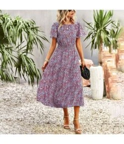 Summer Elegant Waist Trimming Short-Sleeved Long Floral Dress Wholesale Dresses N5323022800184