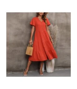 V-Neck Flare Short Sleeve Casual Smocked Dress Wholesale Dresses SDN580913