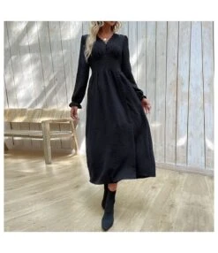 Long-Sleeved Side Slit Button-Down Slim-Fit Solid Color Midi Dress Wholesale Dresses SDV464033