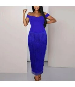 Women Off Shoulder Short Sleeve Tassel Solid Color Wholesale Party Dresses SDN580574