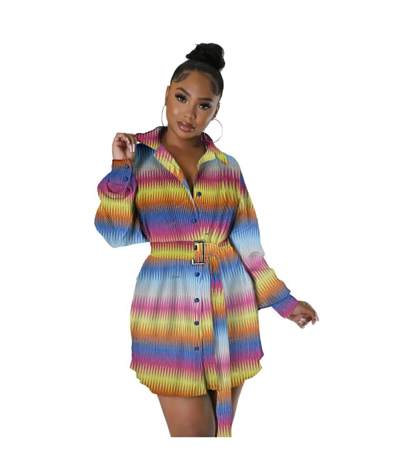 Fashion Lapel Pleated Print Shirt Dress With Belt Single-Breasted A-Line Wholesale Dresses SDN562509 - Image 5