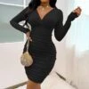 Sexy V-Neck Pleated Knit Dress Long Sleeve Solid Color Bodycon Wholesale Dresses SDN561501
