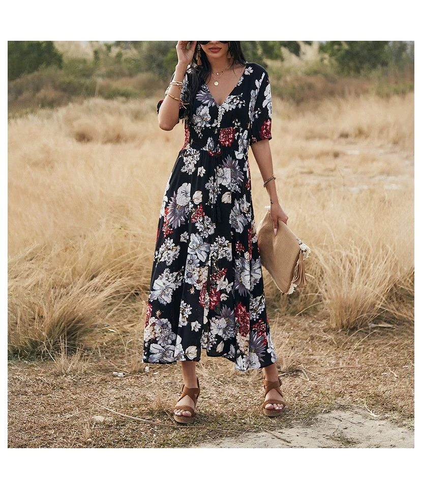 Sexy Deep V Floral Swing Dress Short Sleeve Slim Drawstring High Slit Vacation Wholesale Dresses SDN560326 - Image 8