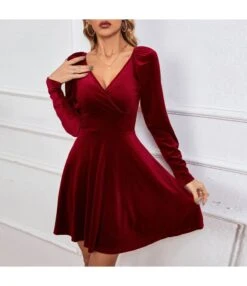 V-Neck Waist A-Line Sexy Velvet Banquet Dress Wholesale Dresses SDN539573