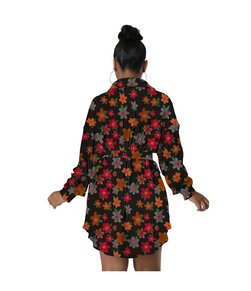 Fashion Lapel Pleated Print Shirt Dress With Belt Single-Breasted A-Line Wholesale Dresses SDN562509 - Image 4