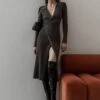 Low-Cut Slim Commuter Fashion Long-Sleeve Slit Knitted Dress Wholesale Dresses SDV463846