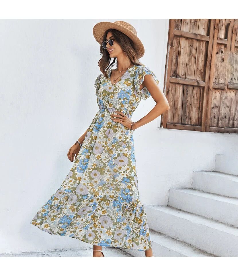 Floral Print Frill Sleeve V Neck Nipped Waist Mid-Length Ruffled Flowy Dress Casual Wholesale Dresses SDN533131 - Image 6