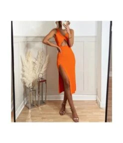 Orange Fashion Cutout Hip Slit Sling Knit Bodycon Dress Sexy Wholesale Jersey Dresses SDN532444