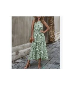Polka Dot Print Halterneck Sleeveless Irregular Hem Tie-Up Swing Ruffle Dress Resort Casual Wholesale Dresses SDN532979