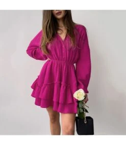Button-Down Long-Sleeve Commuter Simple Fashion Lantern Sleeve Cake Dress Wholesale Dresses N462023021400186