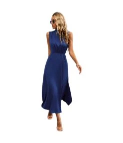 Fashion Sleeveless High Waist Half High Neck Satin Dress Wholesale Dresses V5923050300041